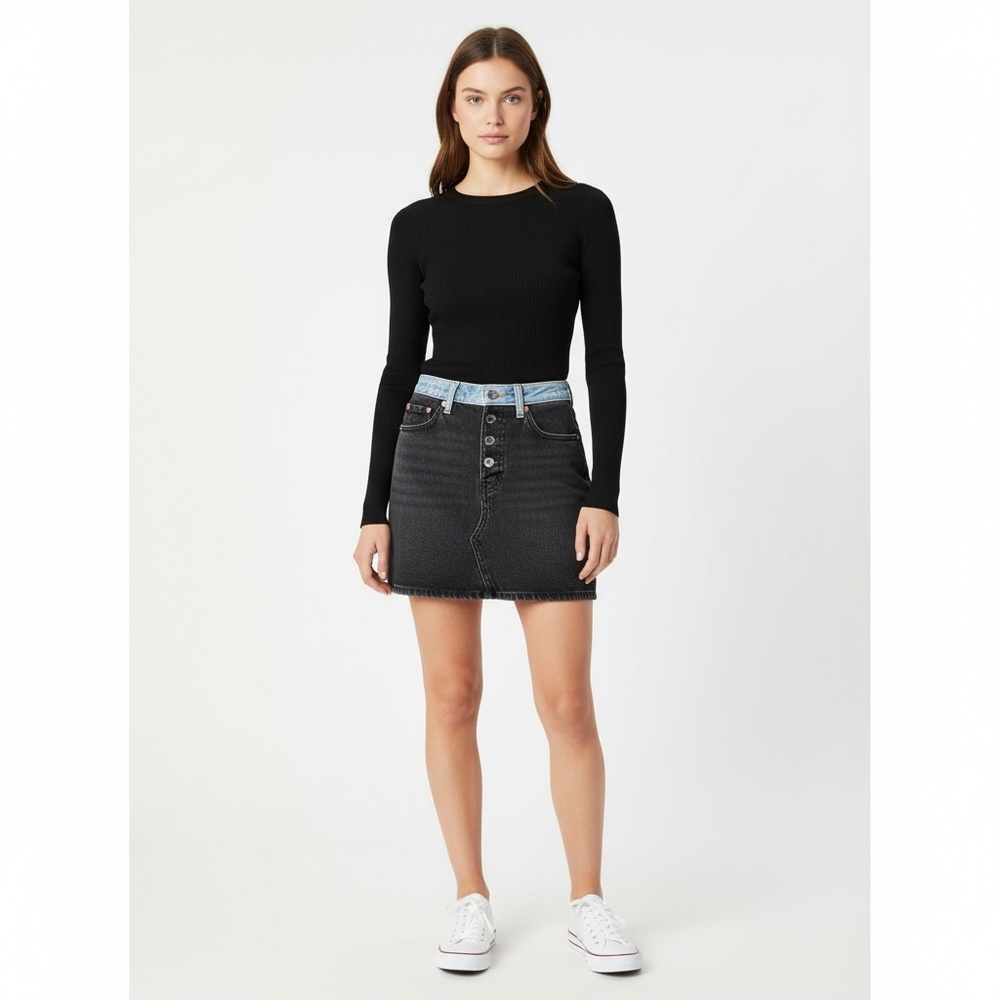 Levi's Icon Mini Skirt 24 Two Tone Black High Rise Button Fly Denim Casual (NWT)